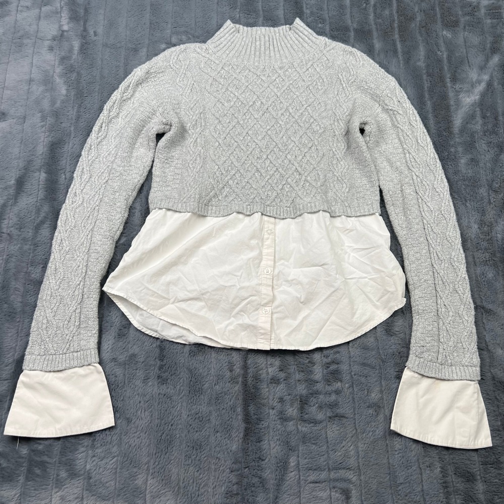 Maeve Anthropologie Gray Cable Knit Mock Neck Layered Shirt Sweater Medium